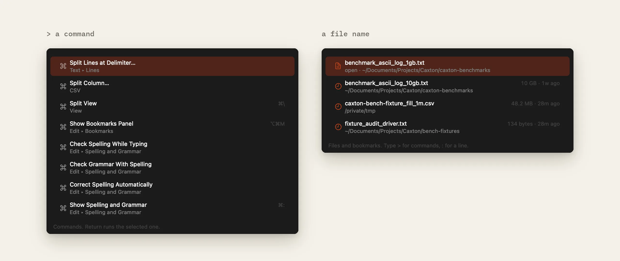 The search field at the top of the window listing commands on the left and files on the right