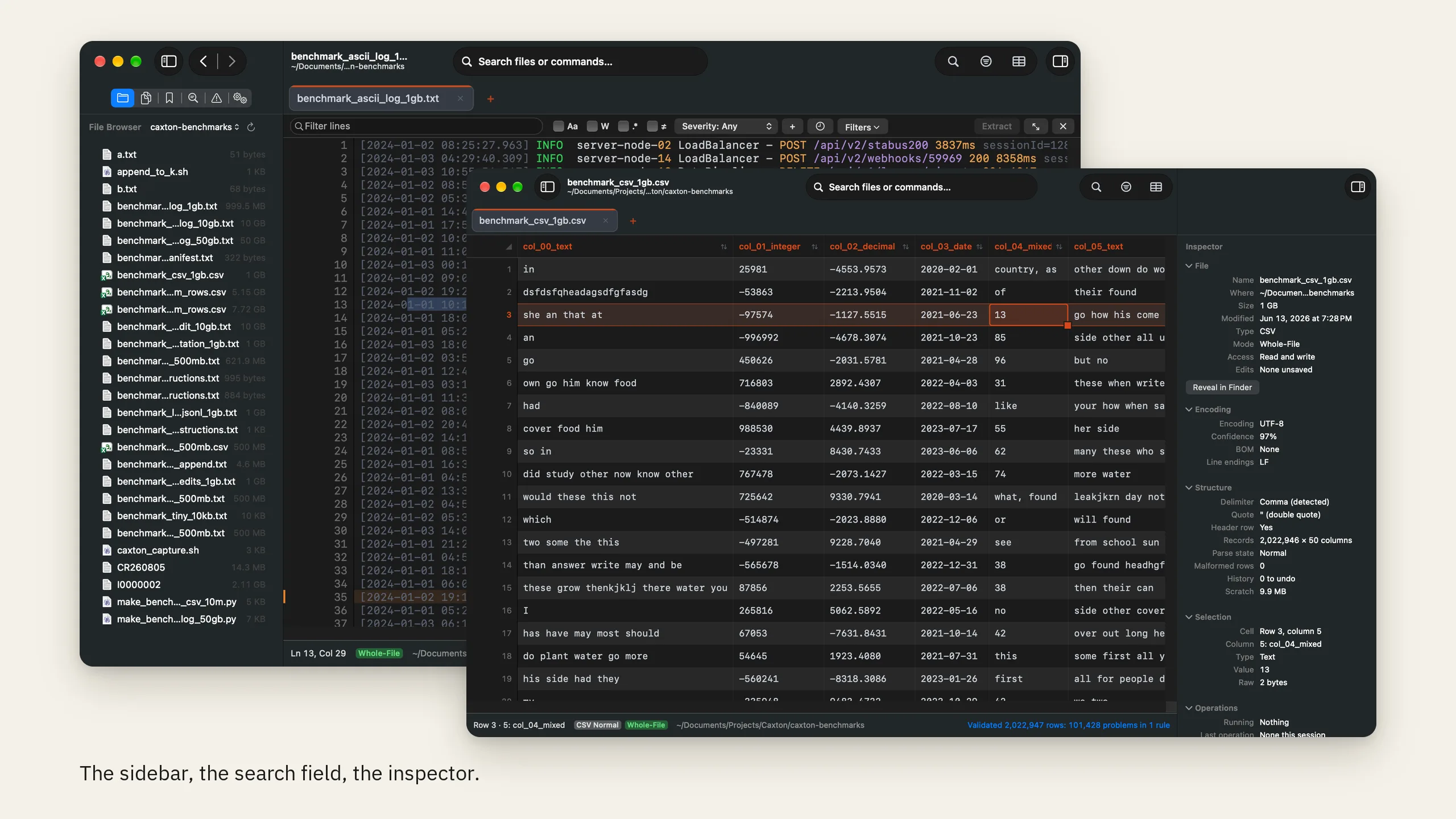 Two Caxton 2.0 windows: a log with the File Browser sidebar open, and a CSV grid with the inspector open on a cell