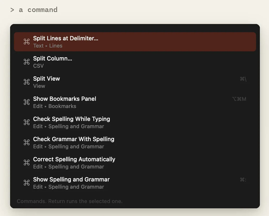 The search field listing commands after a > is typed