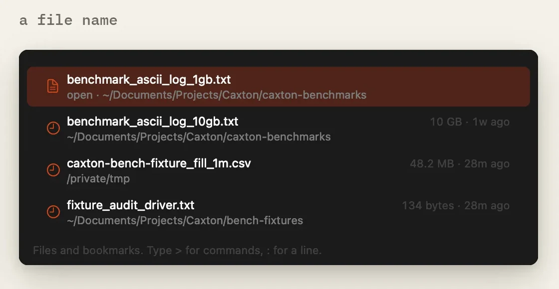 The search field listing files by name