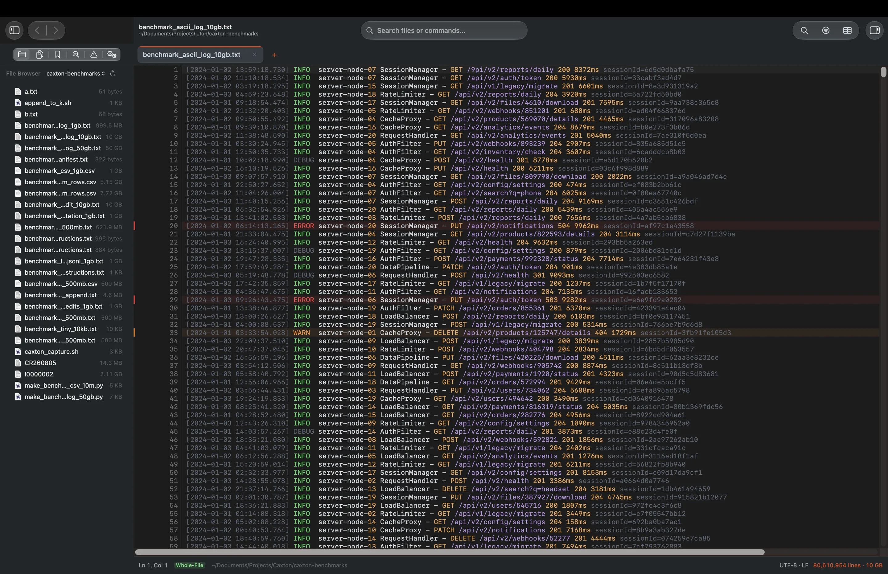 Caxton full screen on a MacBook Pro, holding a 10 GB server log with the File Browser sidebar open