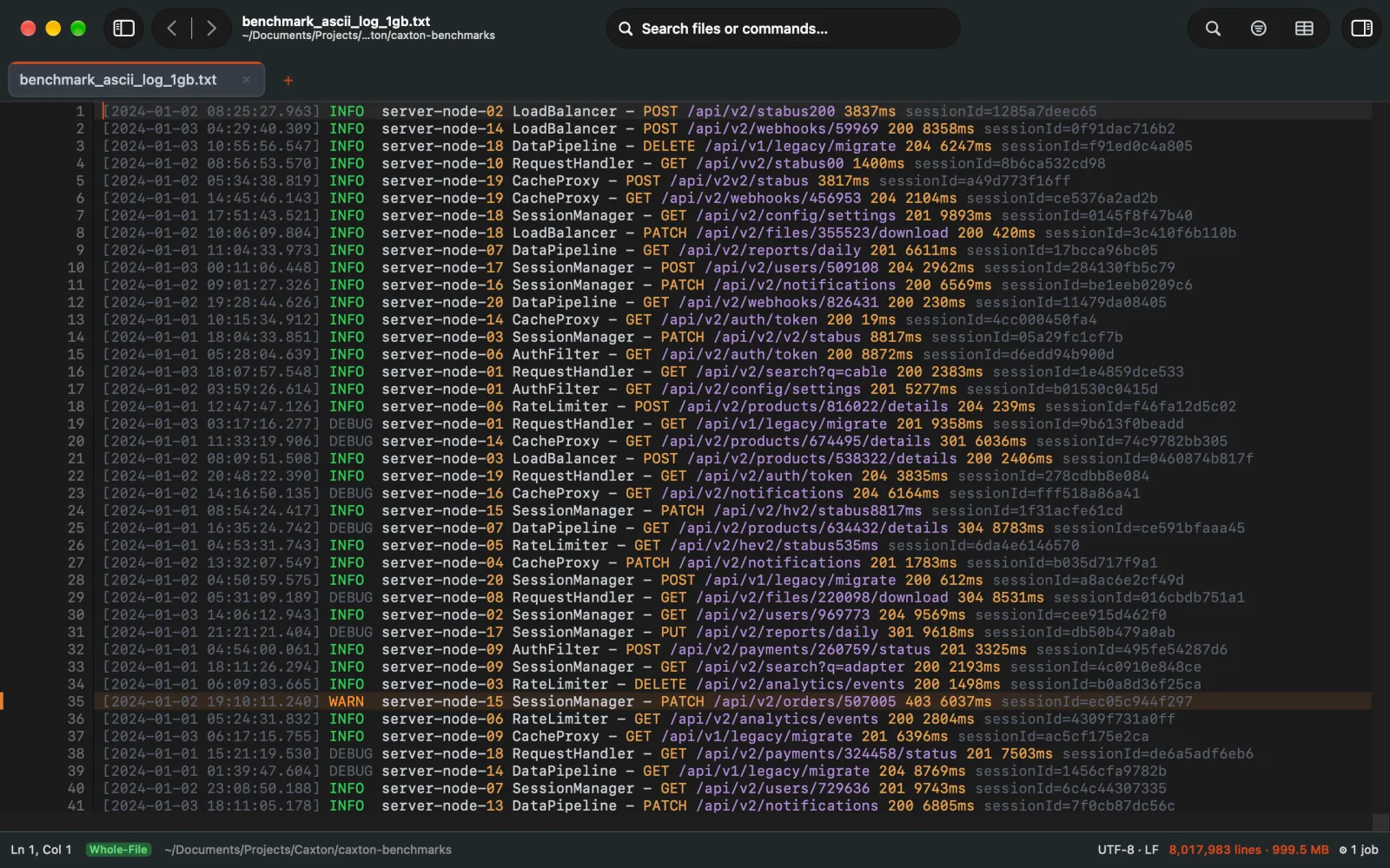 A 1 GB log open as text in the Dark theme