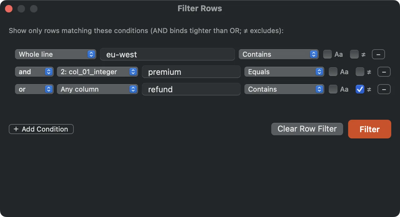The Advanced Row Filter panel with three conditions across different scopes