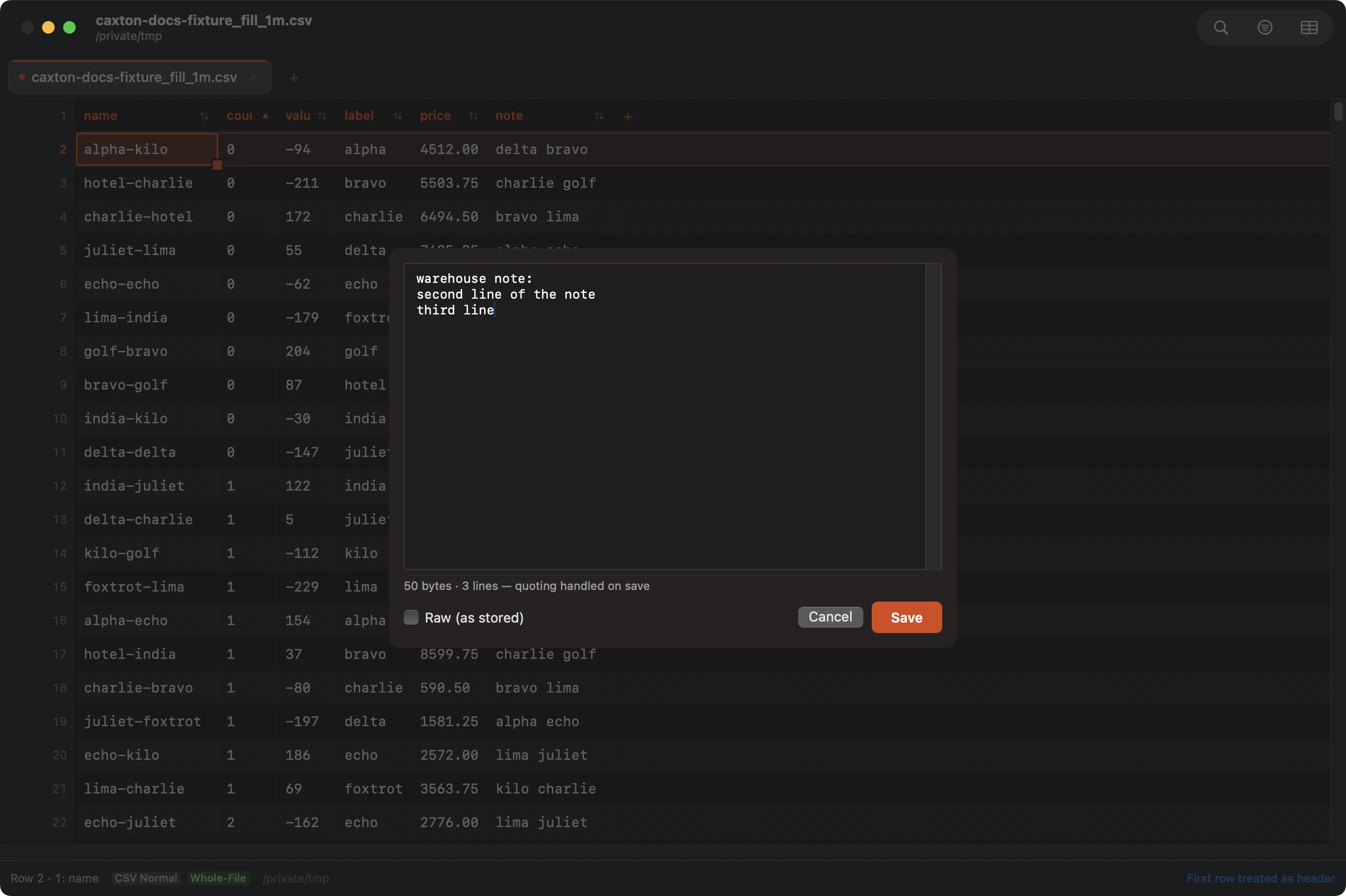 The full-value cell editor showing a three-line cell value