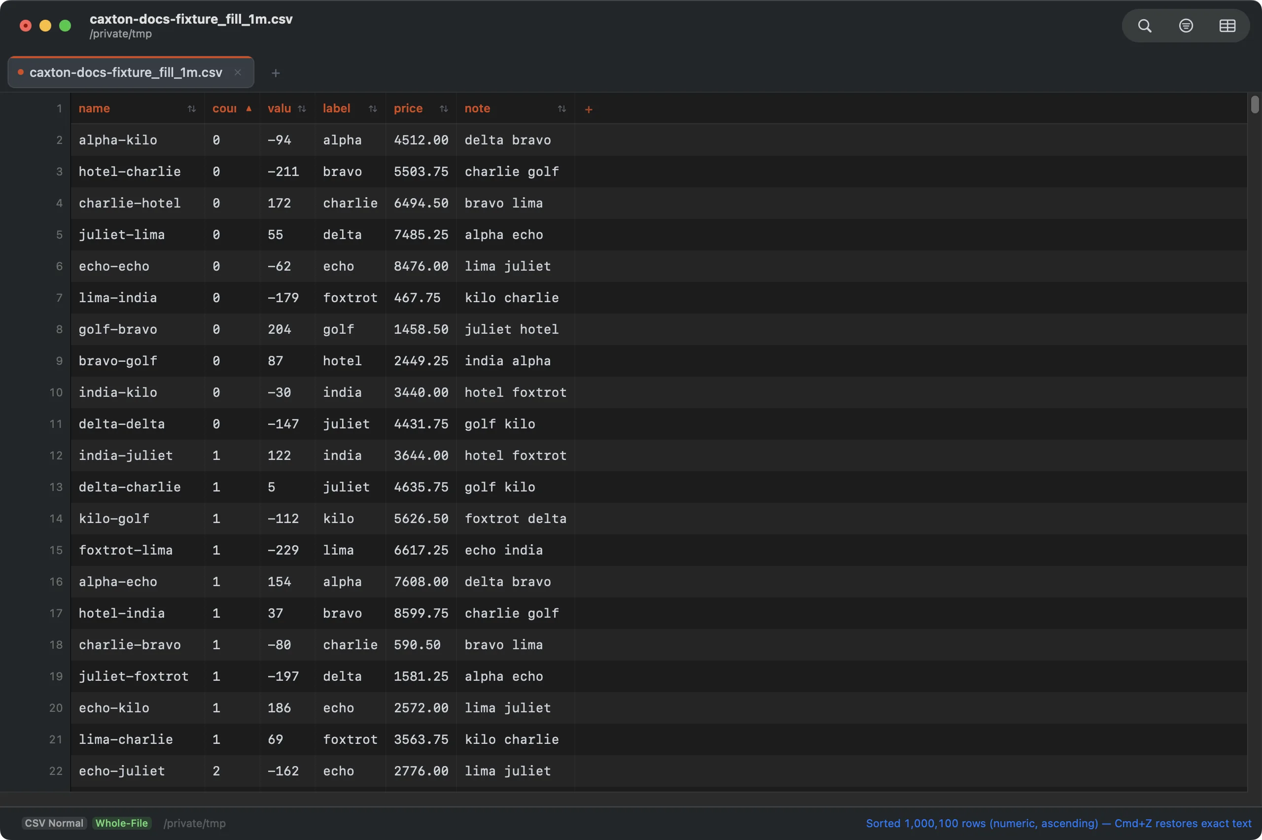 Sorting a large CSV on a Mac by a numeric column in Caxton's grid, one million rows ordered