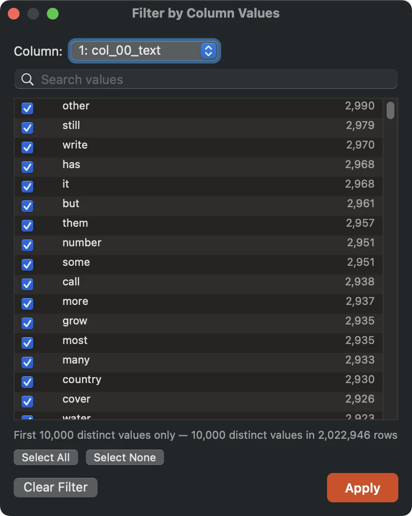 The Filter by Column Values panel listing distinct values with counts