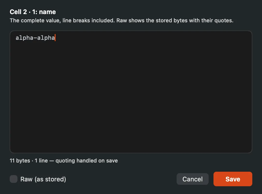 The full-value cell editor sheet with the cell named in its heading, the value, and the Raw (as stored) checkbox