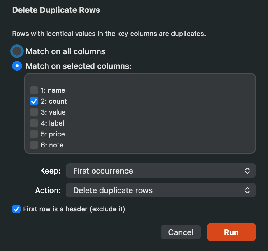 The Delete Duplicate Rows panel with the key columns, Keep, Action and the header checkbox