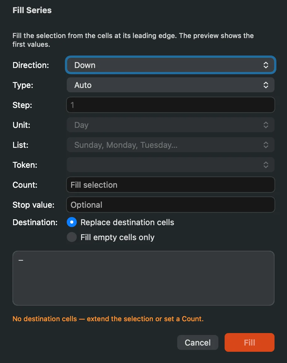 The Fill Series dialog with Direction, Type, Step, Unit, List, Token, Count, Stop value and Destination