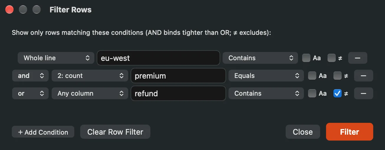 The Filter Rows panel with three conditions across different scopes