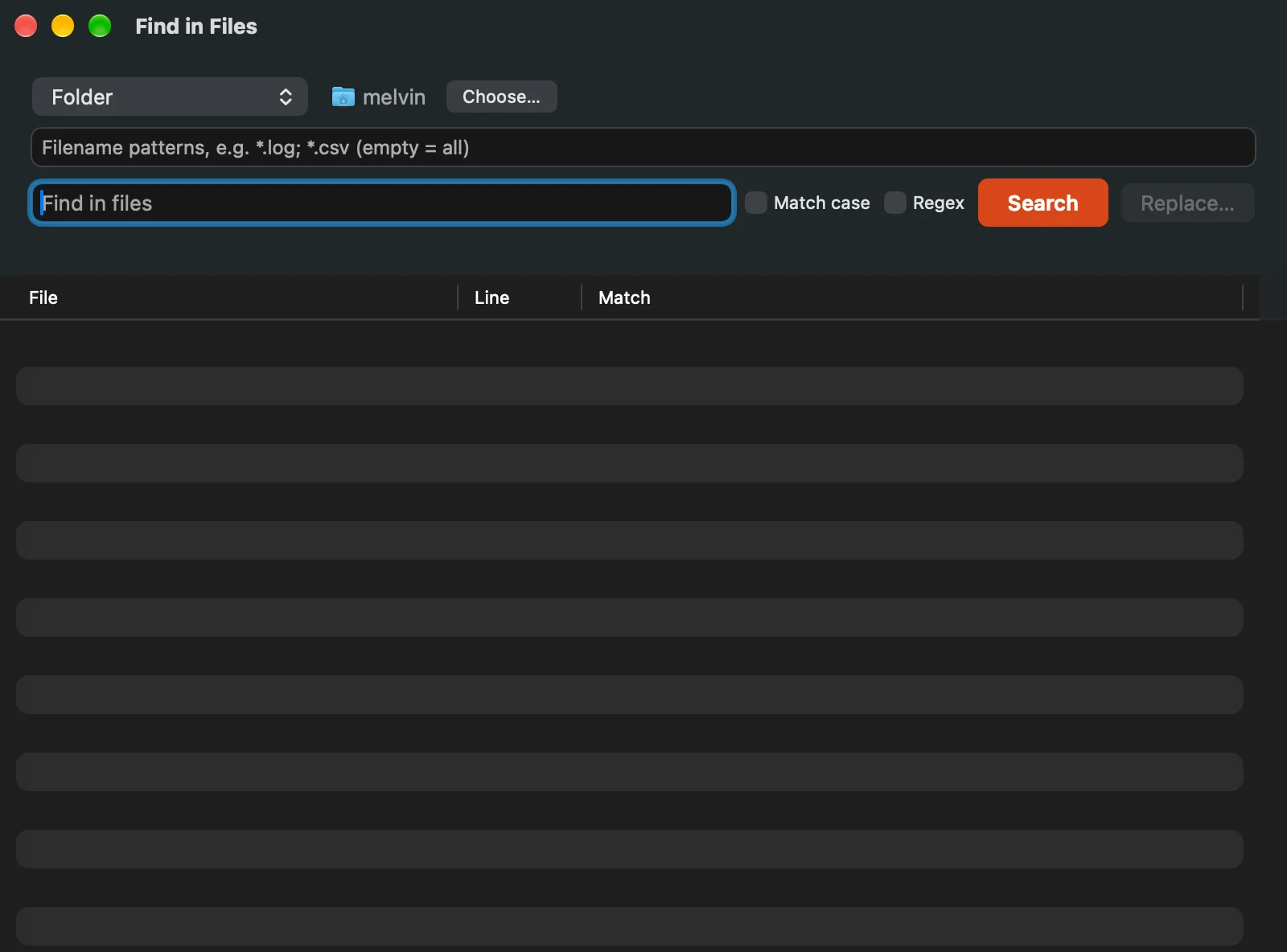 The Find in Files window with the Folder scope, a Choose button, the filename patterns and query fields, Match case and Regex options, and an empty results list