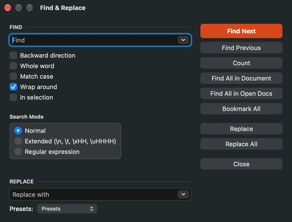 The Find & Replace panel with Find and Replace fields, the direction, whole word, match case, wrap around and in selection options, the three search modes, and the action buttons