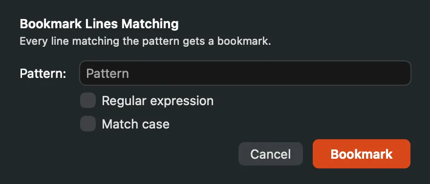 The Bookmark Lines Matching form with a Pattern field and the Regular expression and Match case checkboxes
