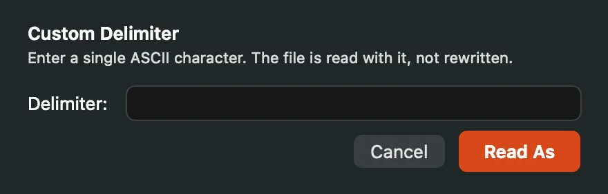 The Custom Delimiter dialog with its Delimiter field and Read As button