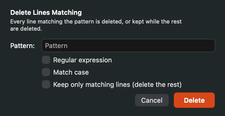 The Delete Lines Matching form with a Pattern field and the Regular expression, Match case and Keep only matching lines options