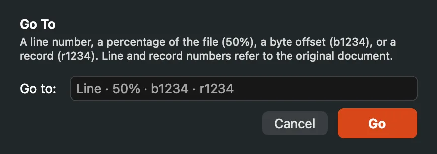 The Go To form with one Go to field and a hint listing a line, 50%, b1234 and r1234