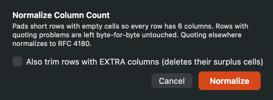 The Normalize Column Count dialog with the option to trim rows with extra columns