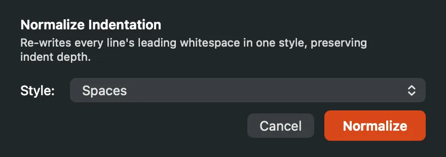 The Normalize Indentation form with the Style pop-up set to Spaces