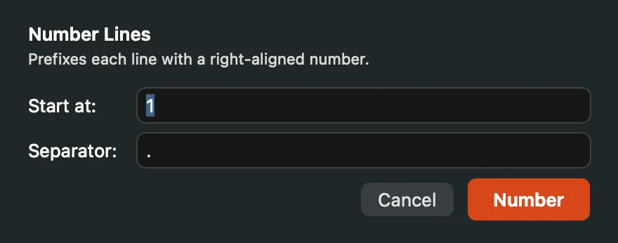 The Number Lines form with Start at set to 1 and a period and space as the separator