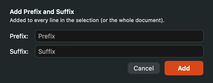The Add Prefix and Suffix form with empty Prefix and Suffix fields