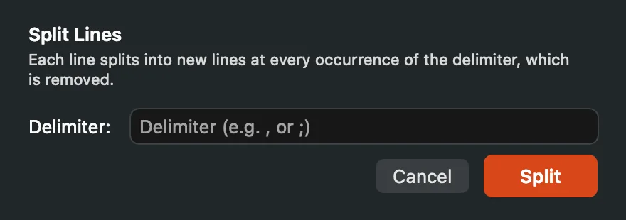 The Split Lines form with an empty Delimiter field and the Split button