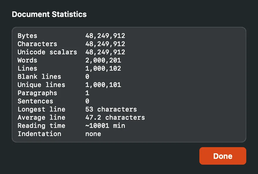 The Document Statistics panel listing bytes, characters, words, lines and the other counts for a one-million-line file