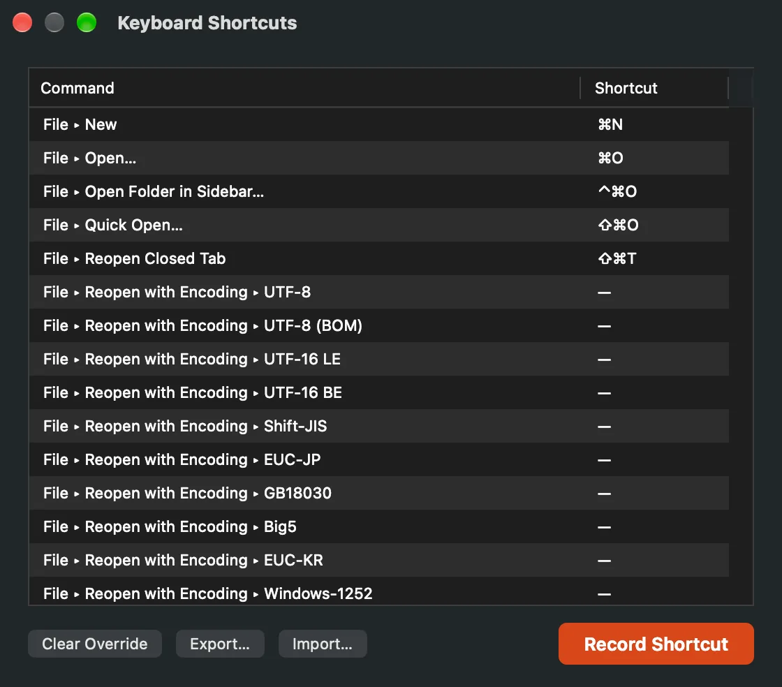 The Keyboard Shortcuts window: a list of menu commands with their shortcuts, and the Record Shortcut and Clear Override buttons