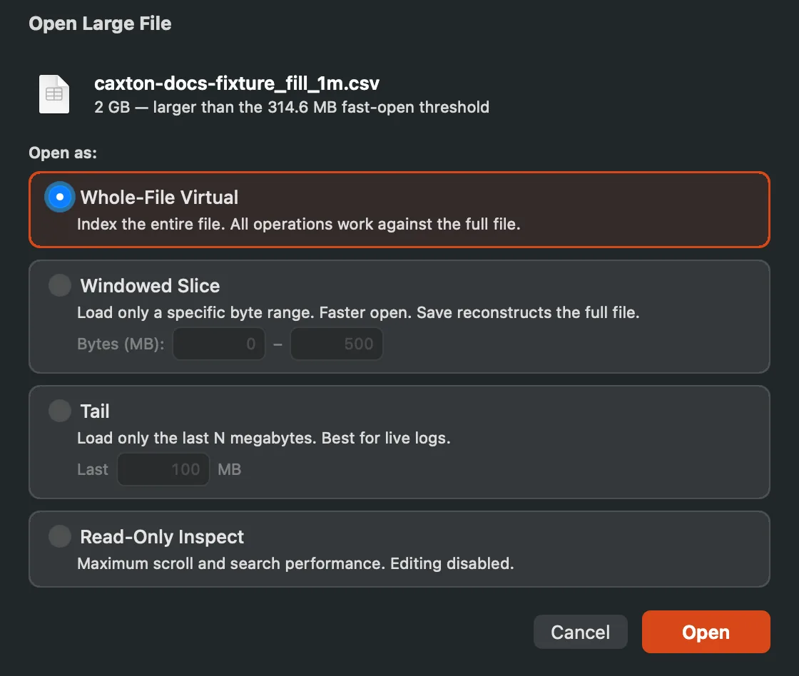 The Open Large File dialog with the Whole-File Virtual, Windowed Slice, Tail and Read-Only Inspect modes