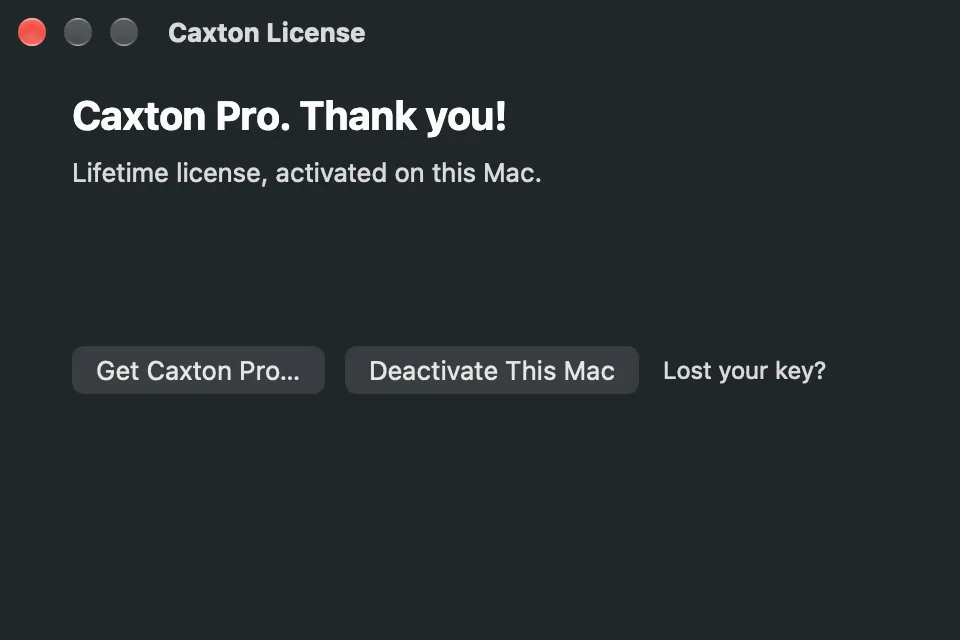 The Caxton License window with a lifetime license active