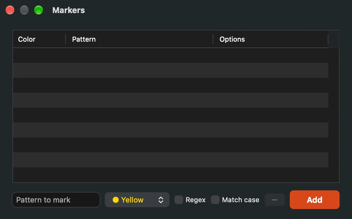 The Markers window: an empty table with Color, Pattern and Options columns above a pattern field, a color popup, Regex and Match case checkboxes, a remove button and Add