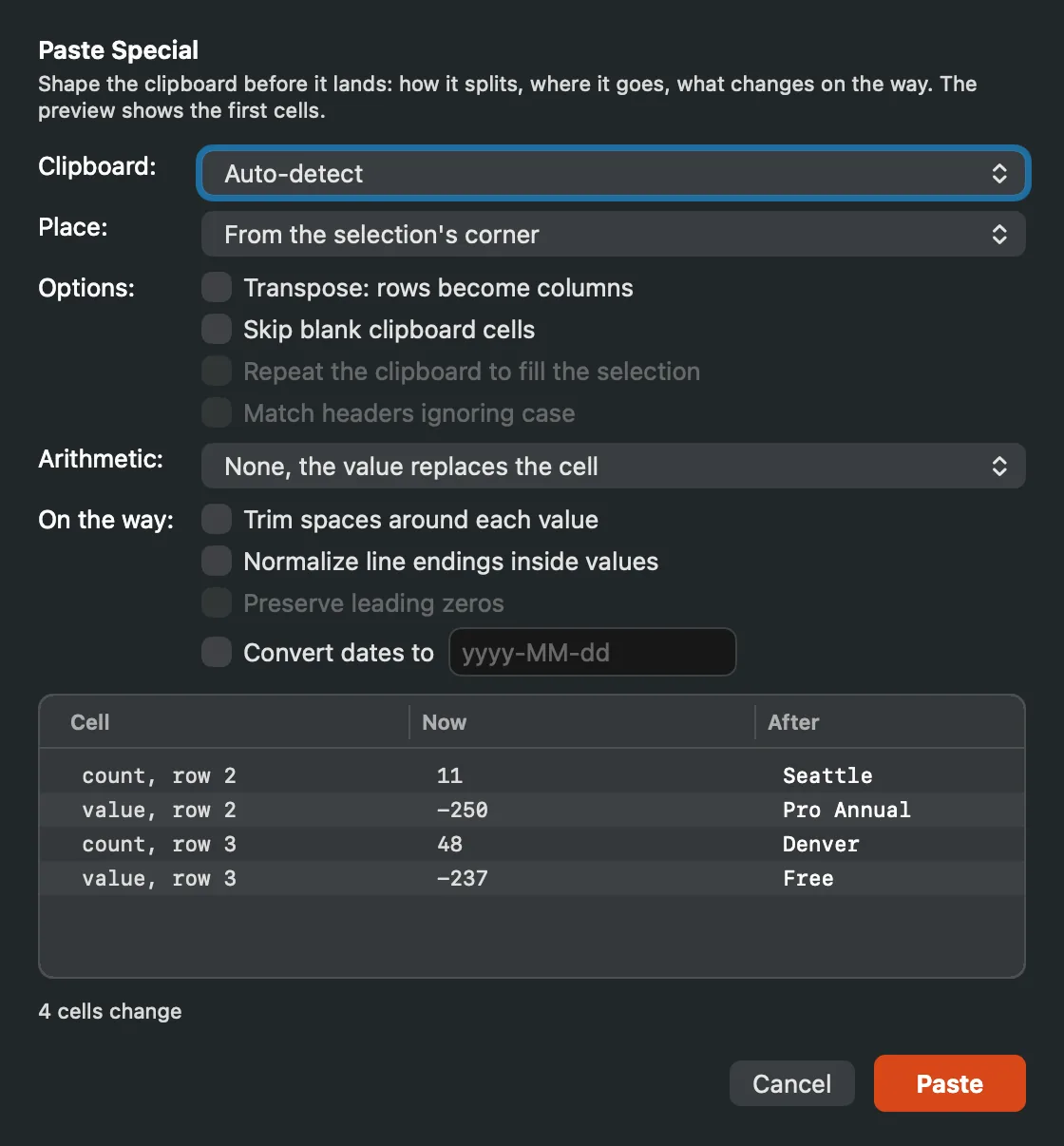 The Paste Special sheet over a selected block: the Clipboard, Place, Options, Arithmetic and On the way rows, and a preview of four cells before and after