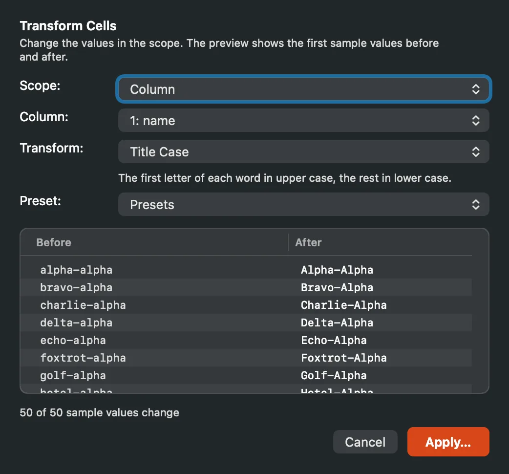 The Transform Cells sheet with Scope, Column, Transform and Preset above the Before and After table