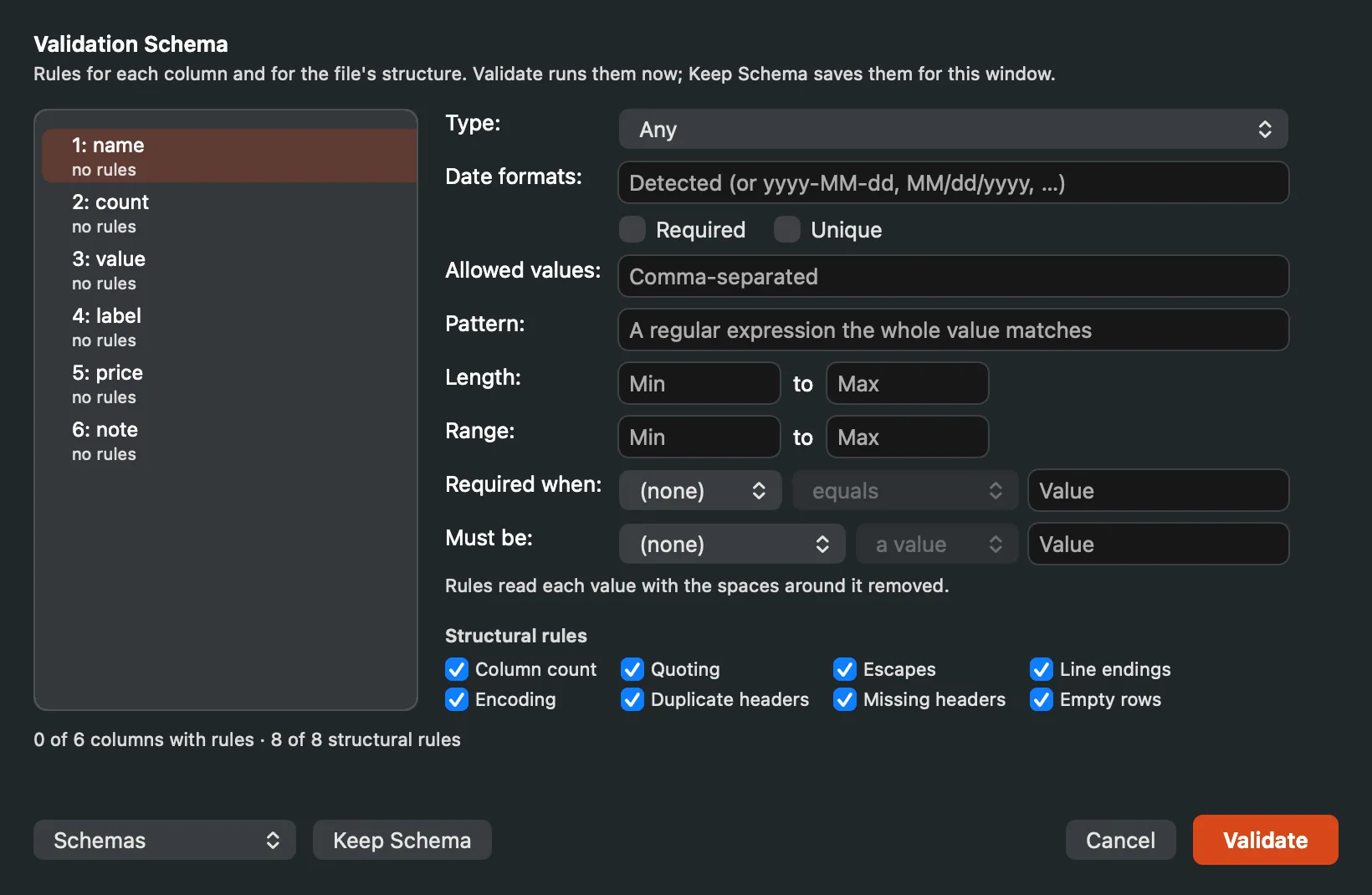 The Validation Schema sheet with the column list, the column rules, the trimmed-spaces note and the structural rules