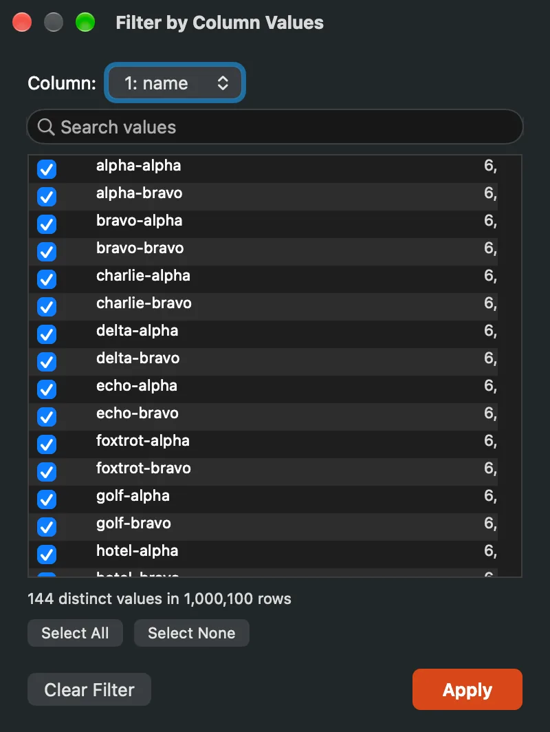 The Filter by Column Values panel listing distinct values with counts