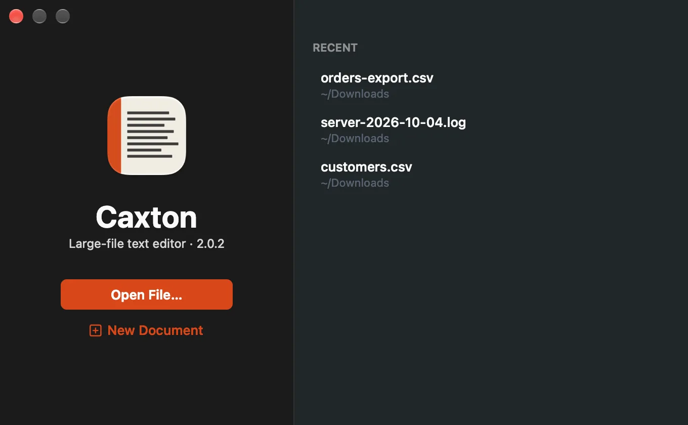 The Welcome window: Open File, New Document and the recent files list