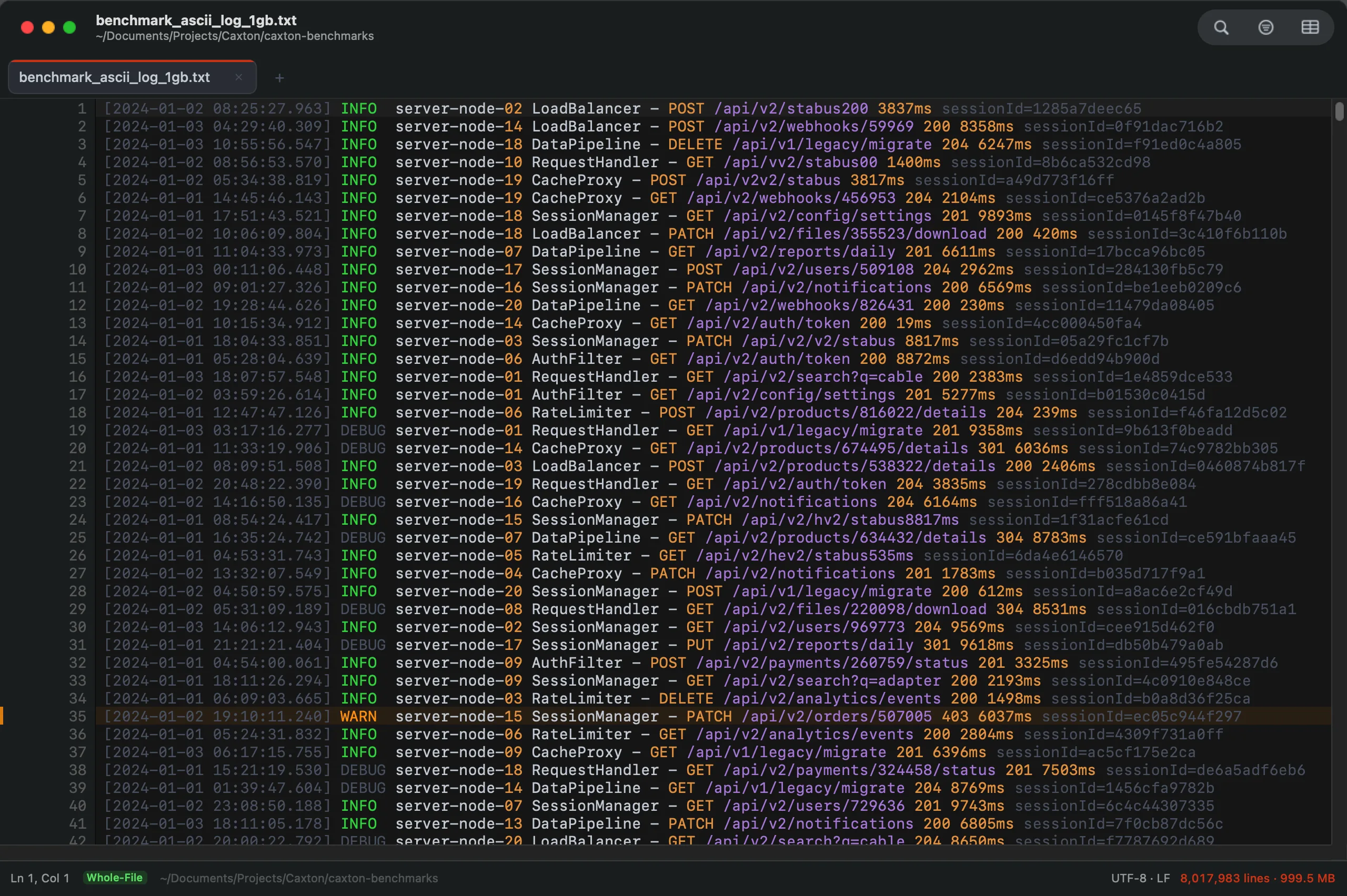 A 1 GB log file too large for comfortable VS Code editing, open whole in Caxton on a Mac