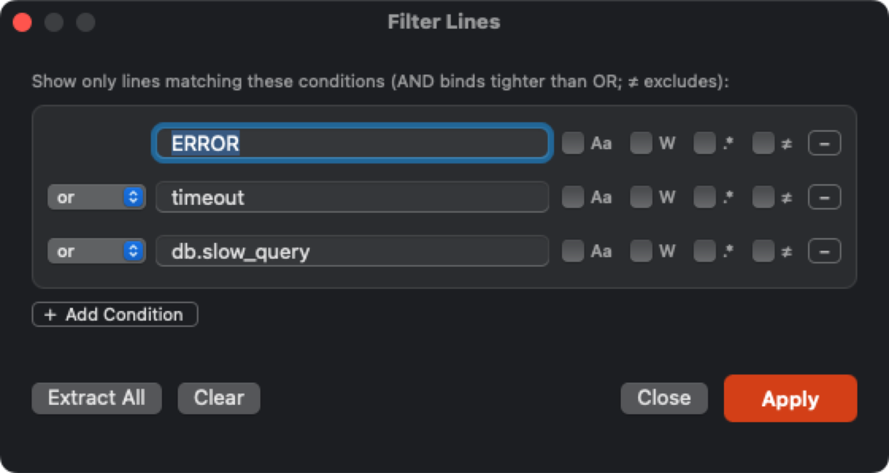 The Filter Lines panel
