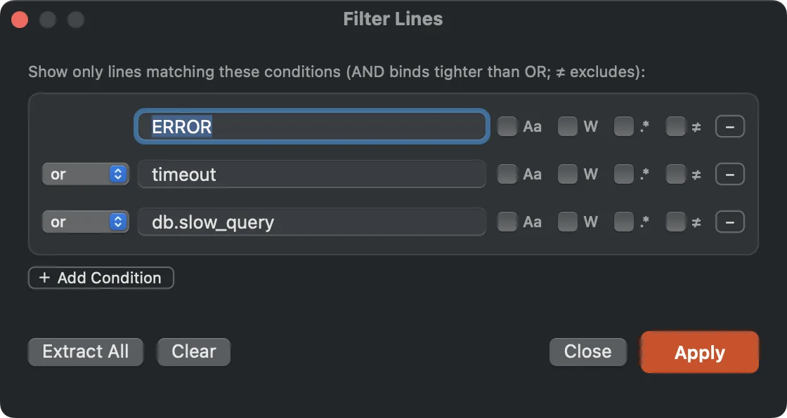 The Filter Lines panel