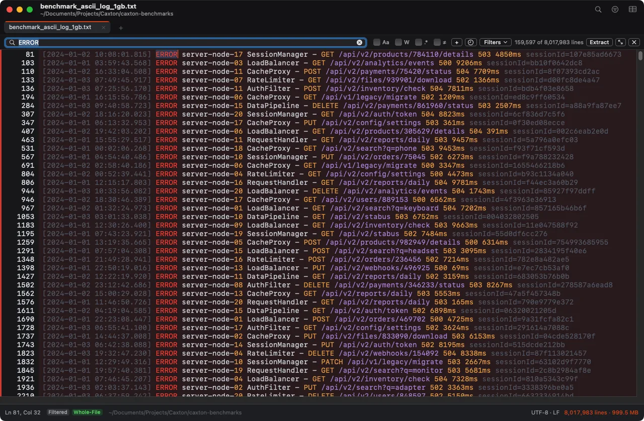Filtering a large log file on a Mac in Caxton, the view narrowed to 159,597 ERROR lines of 8,017,983