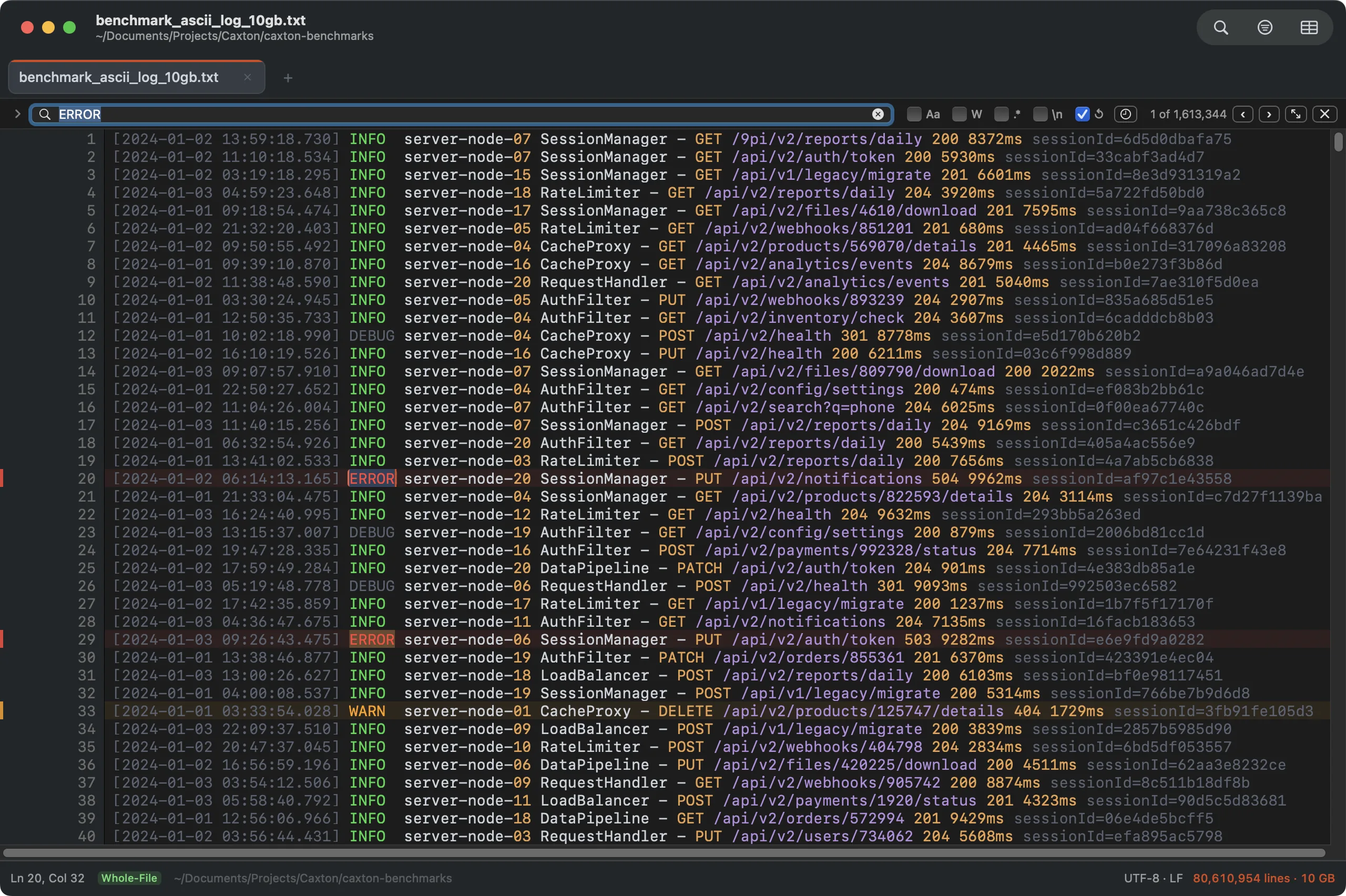 1.61 million matches in a 10 GB log