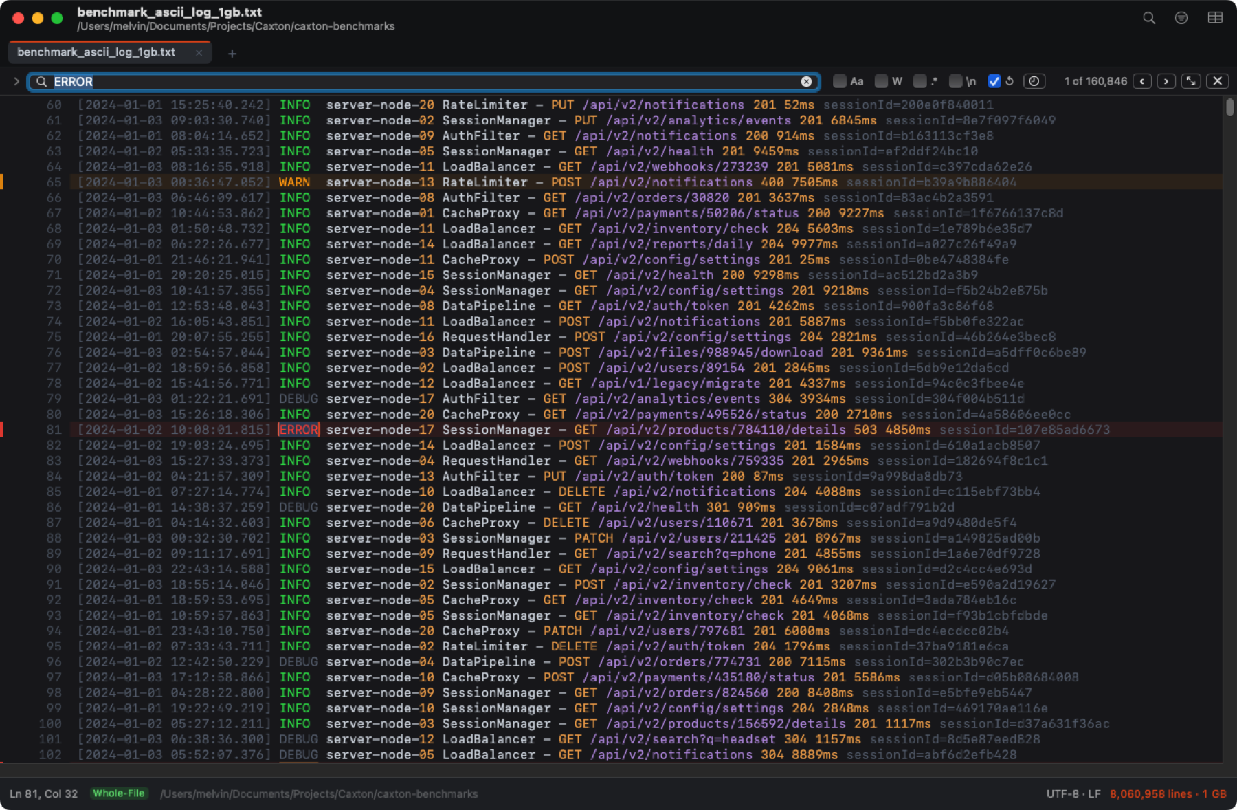 The find bar with 160,846 matches highlighted in a 1 GB log