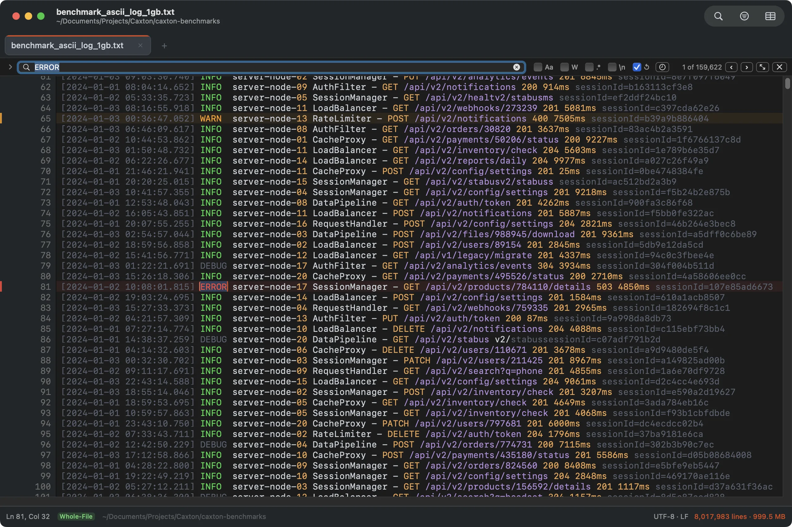 The find bar with 160,846 matches highlighted in a 1 GB log