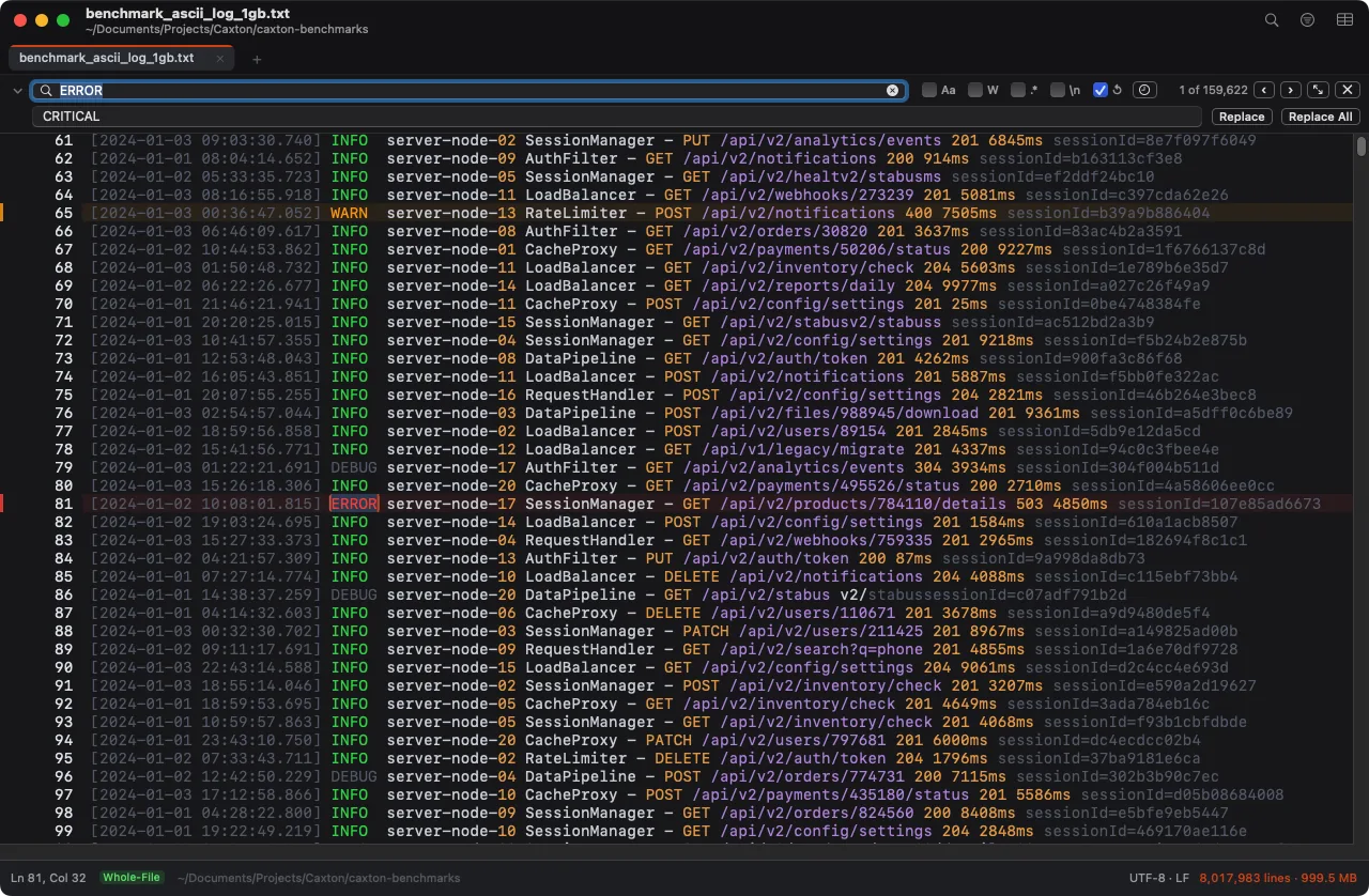 Find and replace in a huge file on a Mac in Caxton, replacing ERROR with CRITICAL across 159,622 matches
