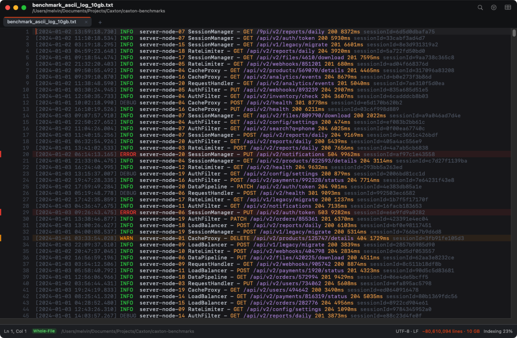 Caxton indexing a 10 GB log in the background