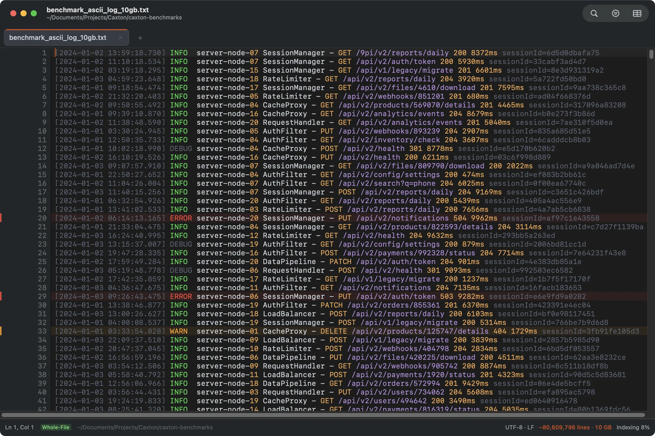 Caxton indexing a 10 GB log in the background