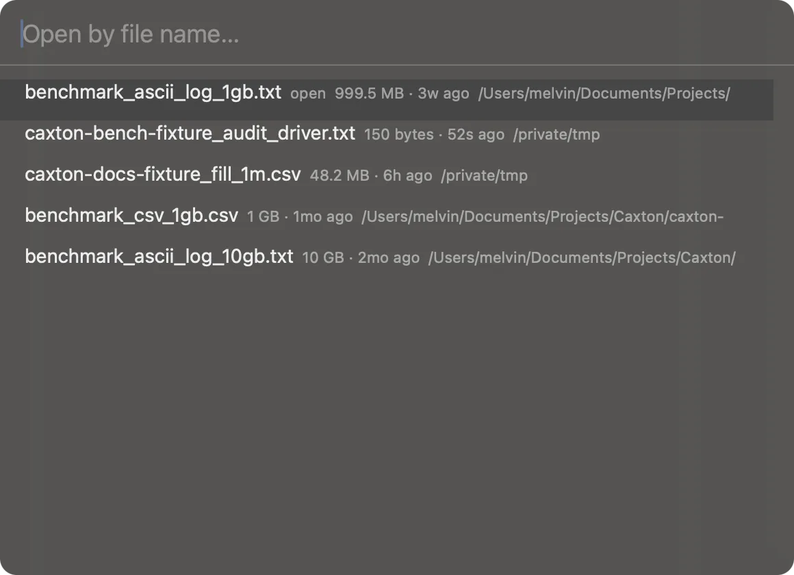 Quick Open fuzzy-searching open tabs and recent files