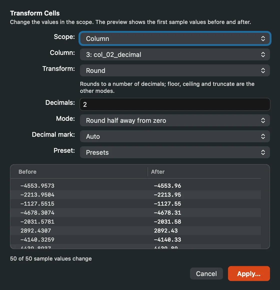 The Transform Cells sheet on a numeric kind